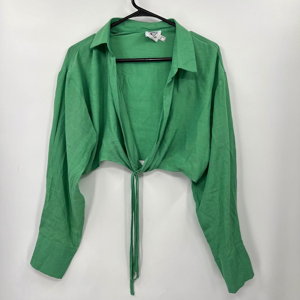 Princess Polly Green Cropped Tie Front Shirt Long‎ Sleeve Size 8
